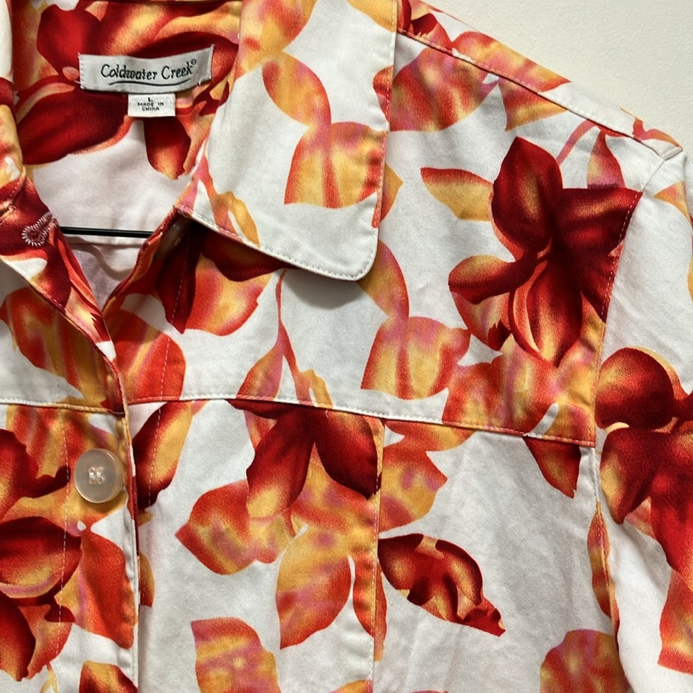Coldwater Creek cotton jacket with stretch, floral print, white & orange, L